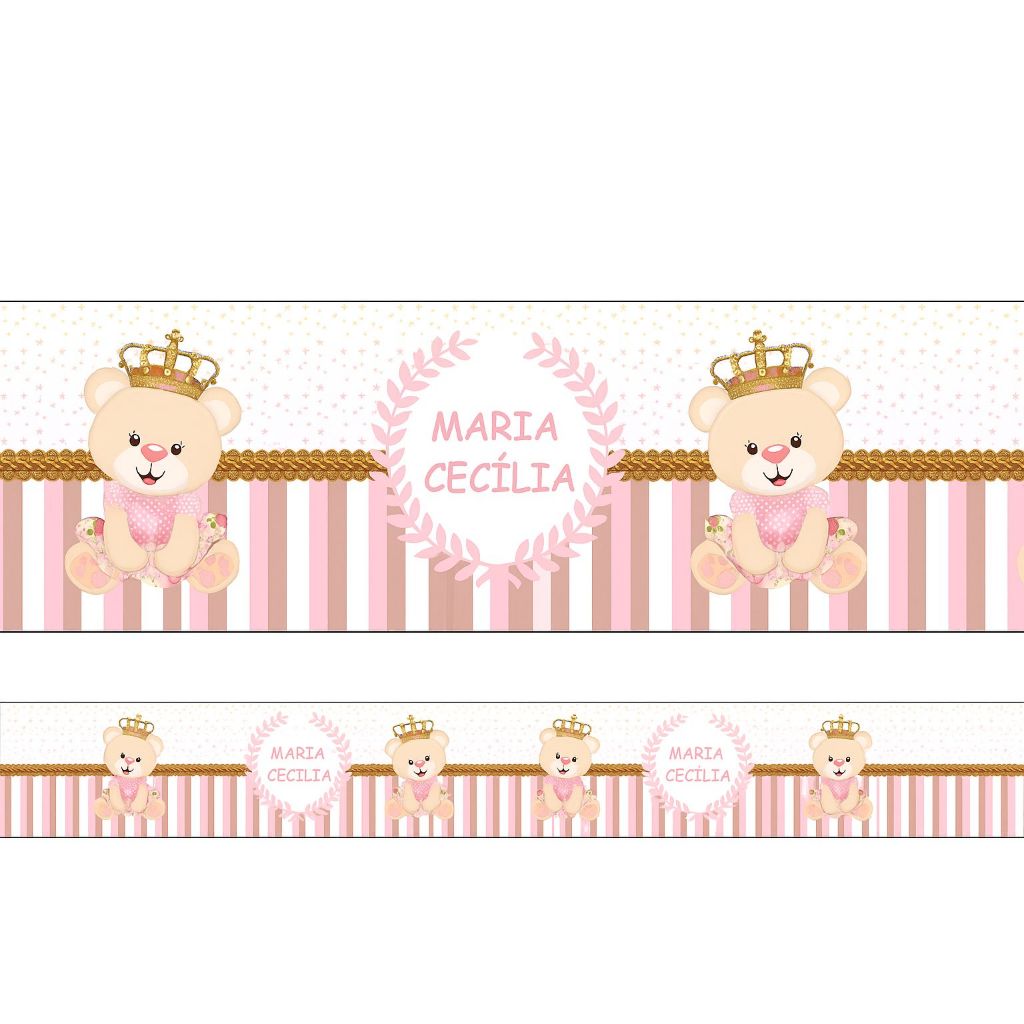 Faixa Decorativa Ursa Princesinha Coroa Rosa 1mx15cm Com Nome Personalizado
