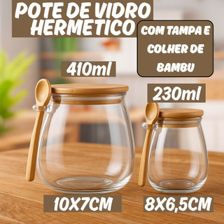Kit 2 Potes Hermeticos Vidro 410ML 230ml Tampa Bambu Colher Organização Cozinha Vedação Total