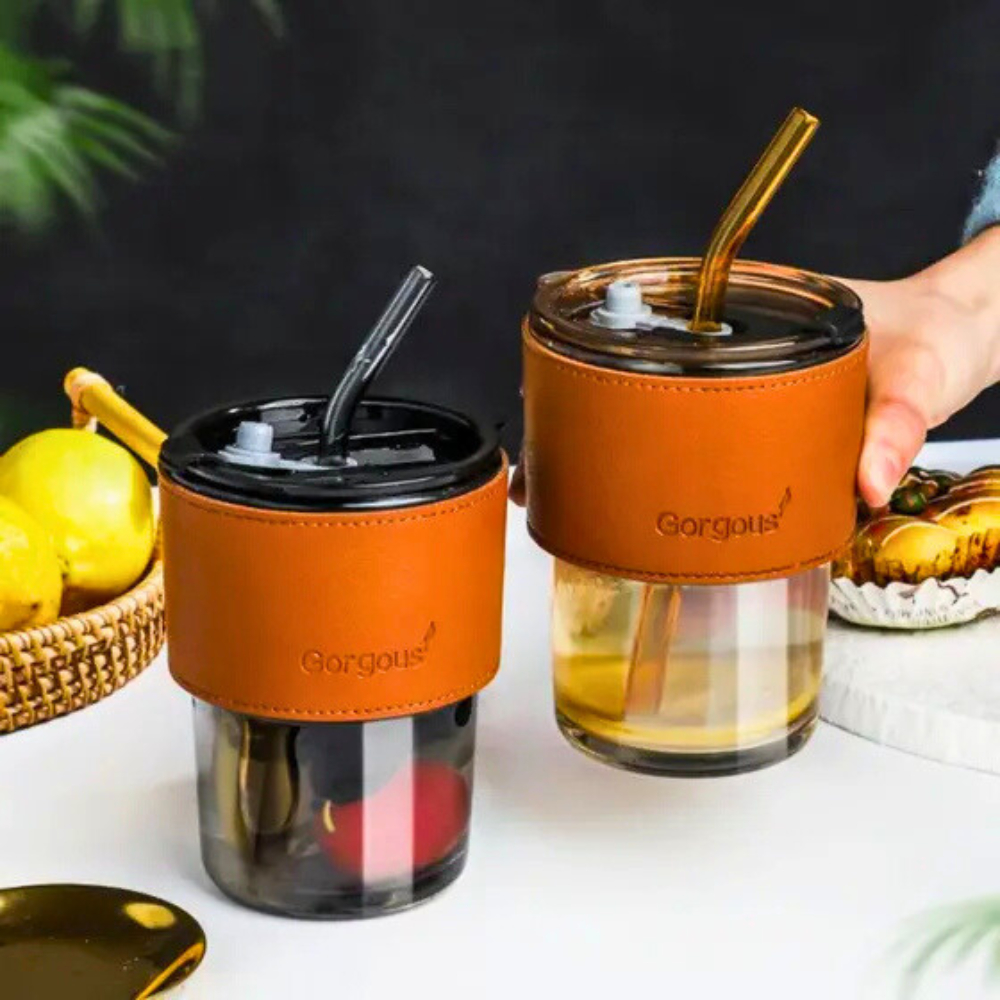 Copo De Vidro com Canudo decorativo e Tampa Vedante moderno Bebida Quente ou Fria 400ML Fume ou Marrom