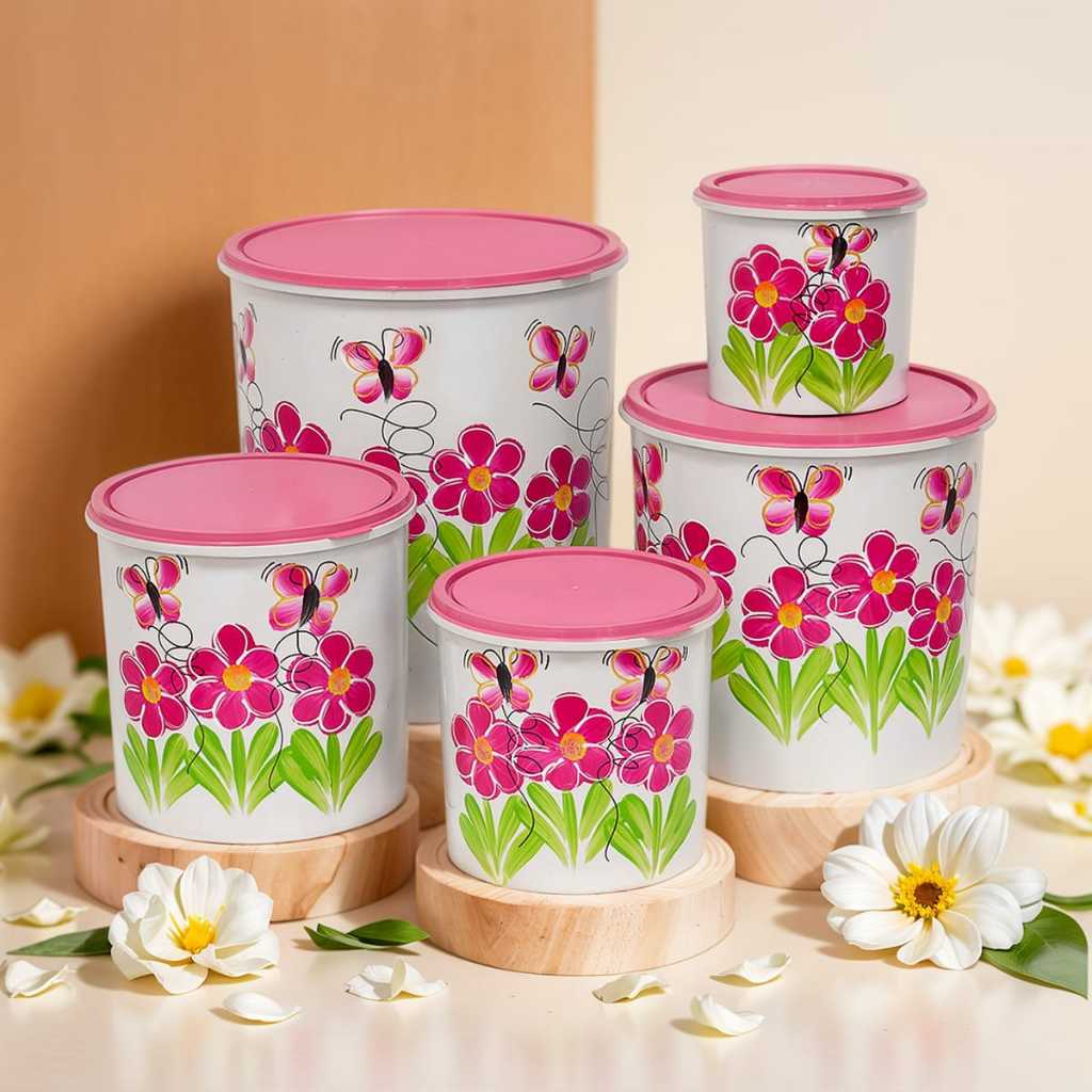 Conjunto 5 Potes de Metal Decorativos com Tampa – Flores e Borboletas
