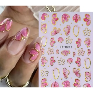 Uma Cartela De Adesivos de Unhas Flores Rosas com Detalhes Dourados | Nail Art Autocolante Y2K em Oferta na Shopee