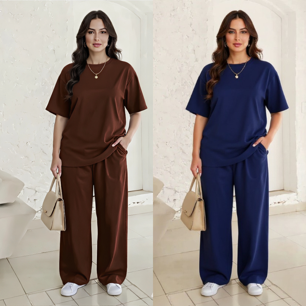 Kit com 2 Conjunto modelo blusa Over e calça pantalona feminina