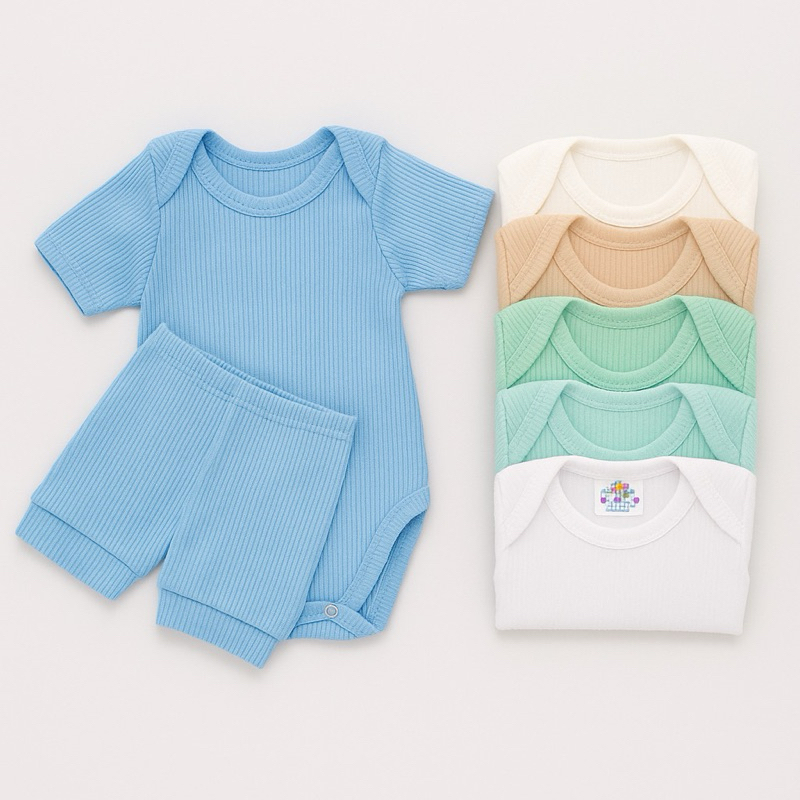 Kit 6 Peças Conjuntos Canelados Body + Shortinho Bebê Menina Menino Algodão RN AO 1 Enxoval Completo