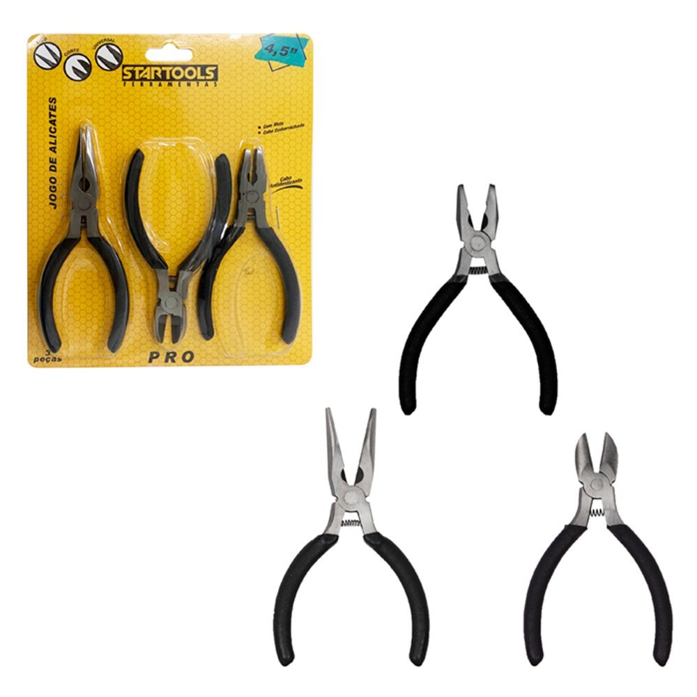 Jogo 3 Mini Alicate com Mola 4,5'' - Preta Composto por 3 peças, alicate de bico, alicate de corte e alicate universal