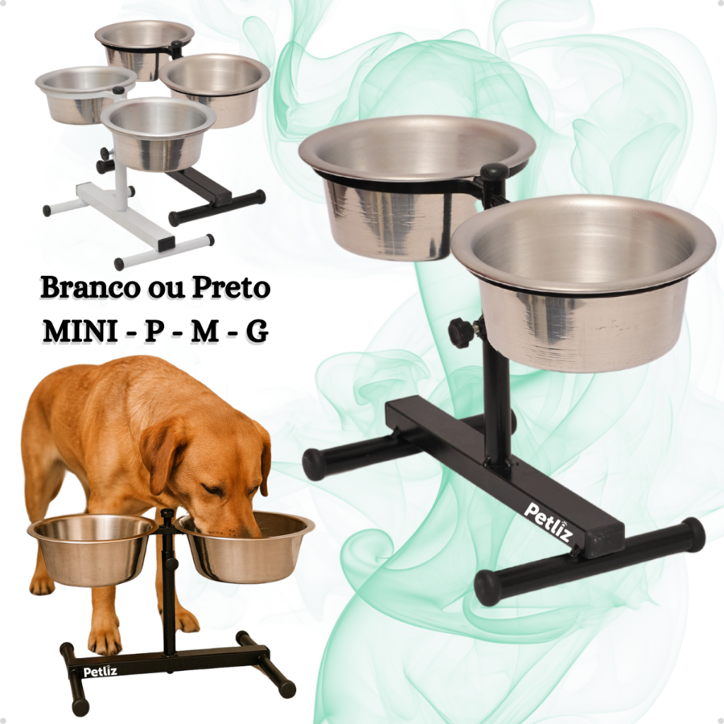 Comedouro Duplo Elevado Alto Ajustável Regulável pra Cachorro P, M, G e Mini Gatos/Filhotes