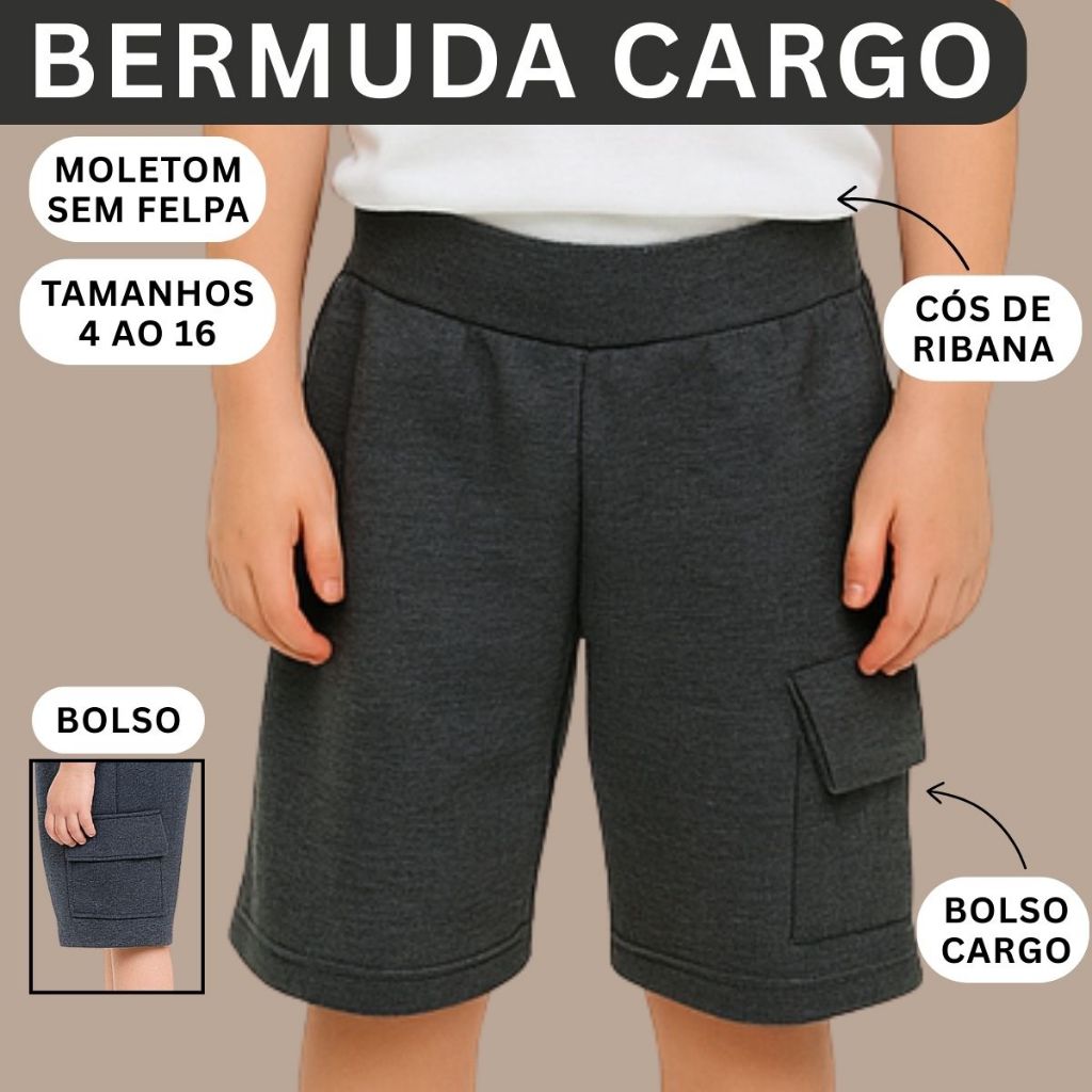 Bermuda Infantil Juvenil moletom Menino Bolso Cargo 3249-A