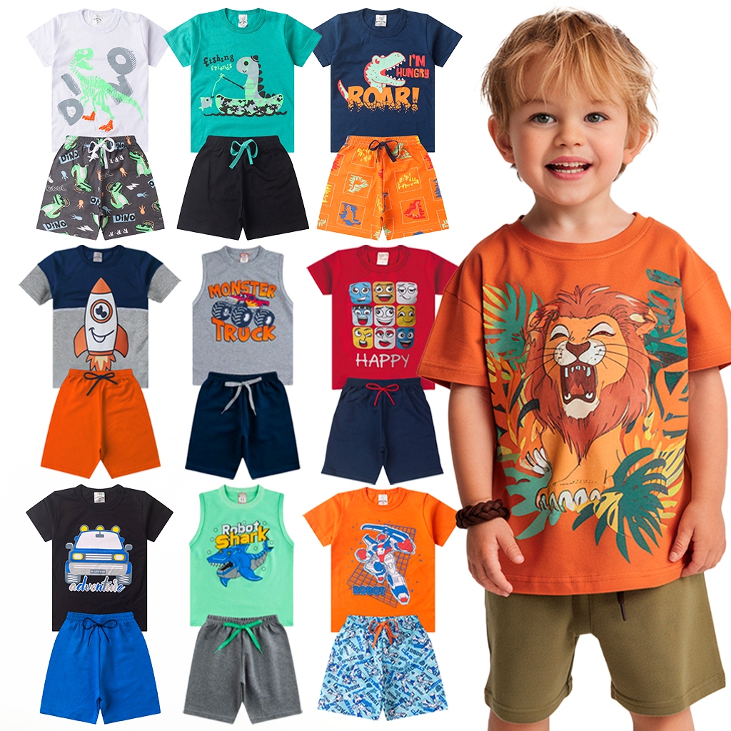 Kit 6, 8 ou 14 peças Roupa Infantil Menino Verão Conjunto Criança Masculino Tamanho 1 ao 14