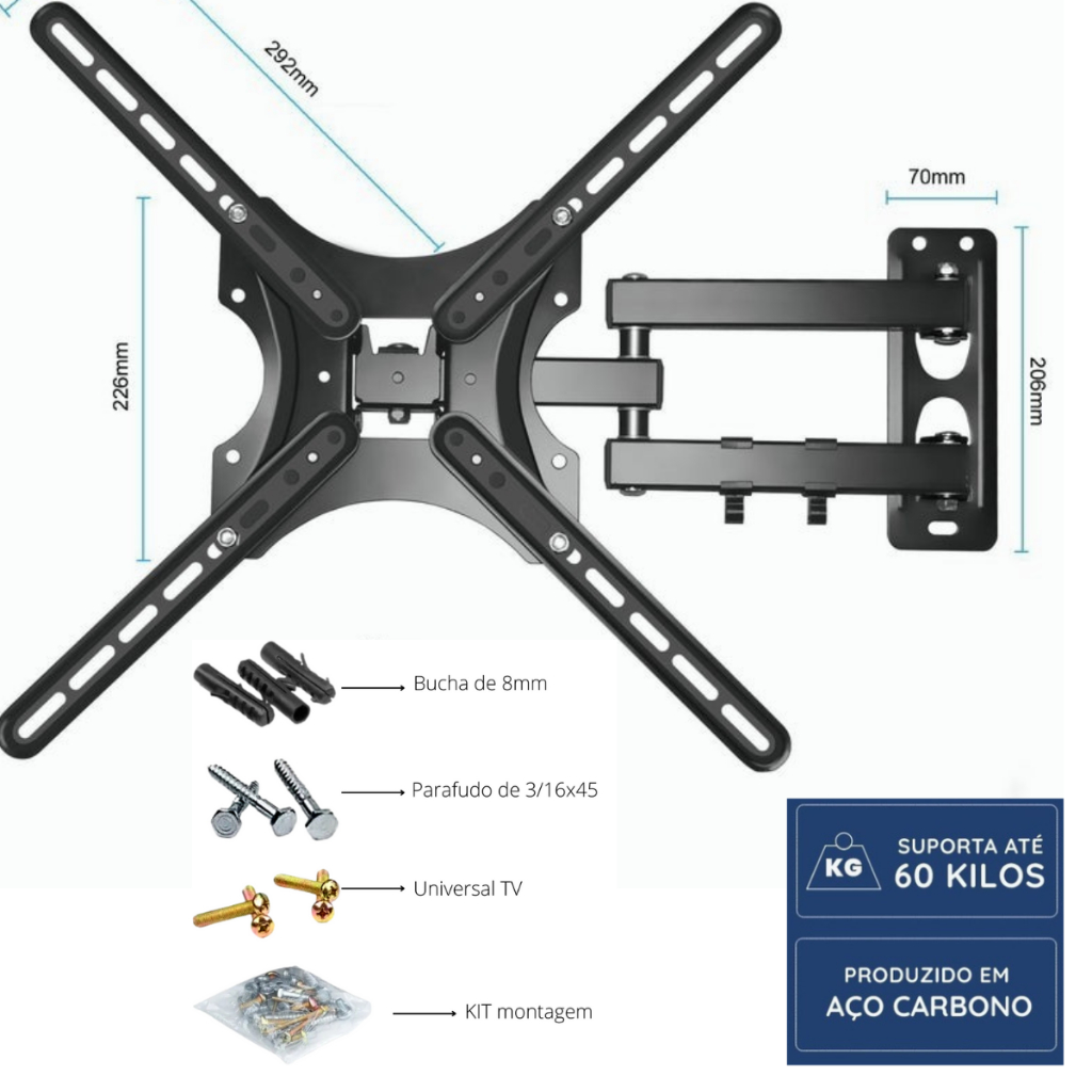 Suporte Rack Para Televisão Articulado Tv Monitor Led 15 20 22 27 29 32 39 40 42 43 46 50 52 55 Inch