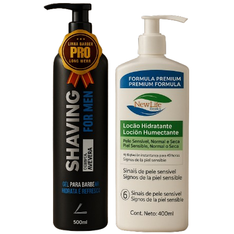 Kit Shaving Gel 300ml Loção Hidratante Facial Corporal Pele Sensível New Life Brasil Barbearia Cuidado