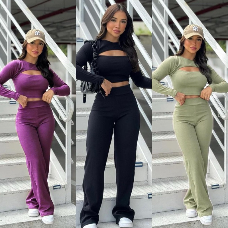CONJUNTO FEMININO CALÇA FLARE + CROPPED MANGA LONGA