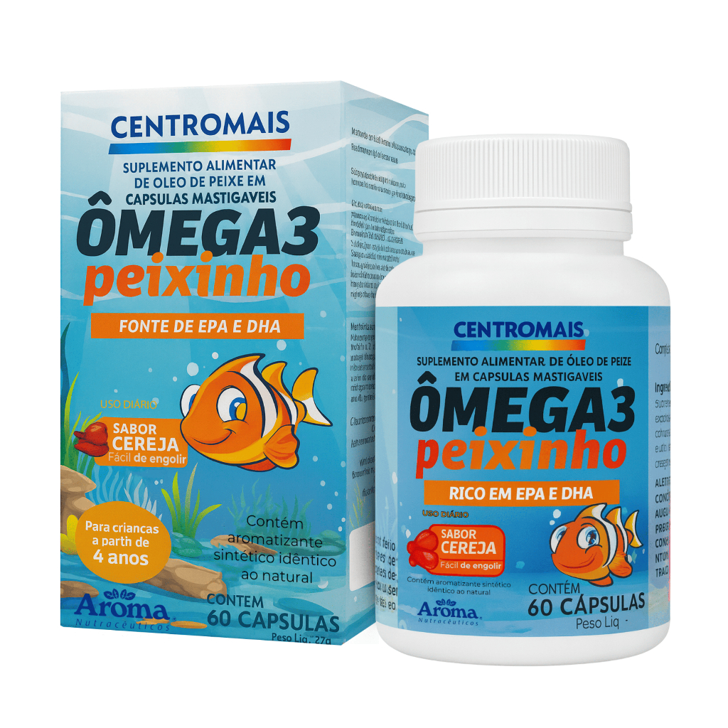 Ômega 3 Peixinho - Ômega Mastigável nfantil Sabor Cereja EPA DHA 60 Cápsulas