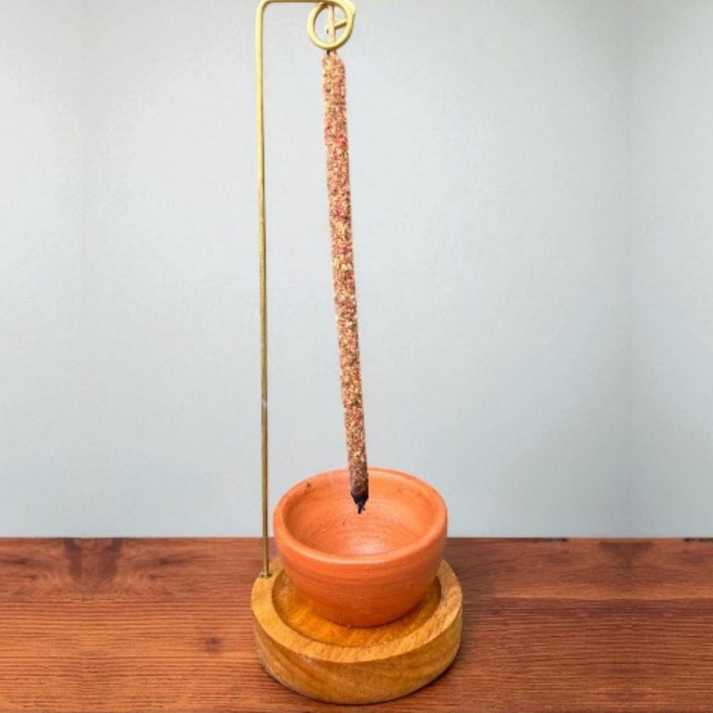 Incensário Invertido com Cumbuca de barro coletora de cinza - Novidade - Madeira de primeira linha
