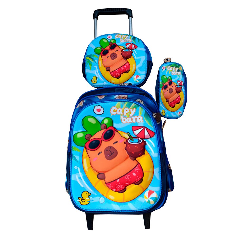 Kit Mochila Capybara em 3D com Rodinhas + Lancheira Térmica + Estojo Escolar Infantil Capivara