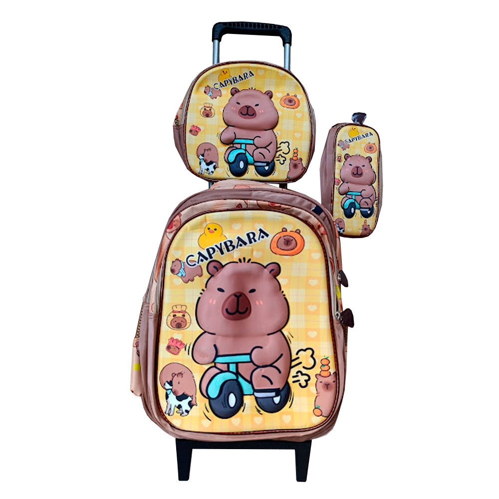 Kit Mochila Capybara em 3D Bike com Rodinhas + Lancheira Térmica + Estojo Escolar Infantil Capivara