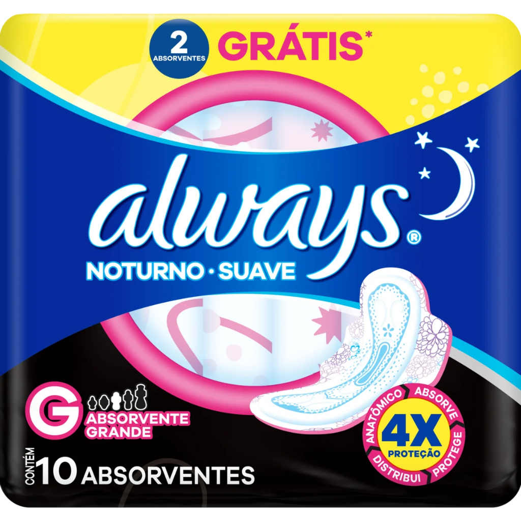 Absorvente Always Noturno Cobertura Suave G Com Abas 10 Unidades