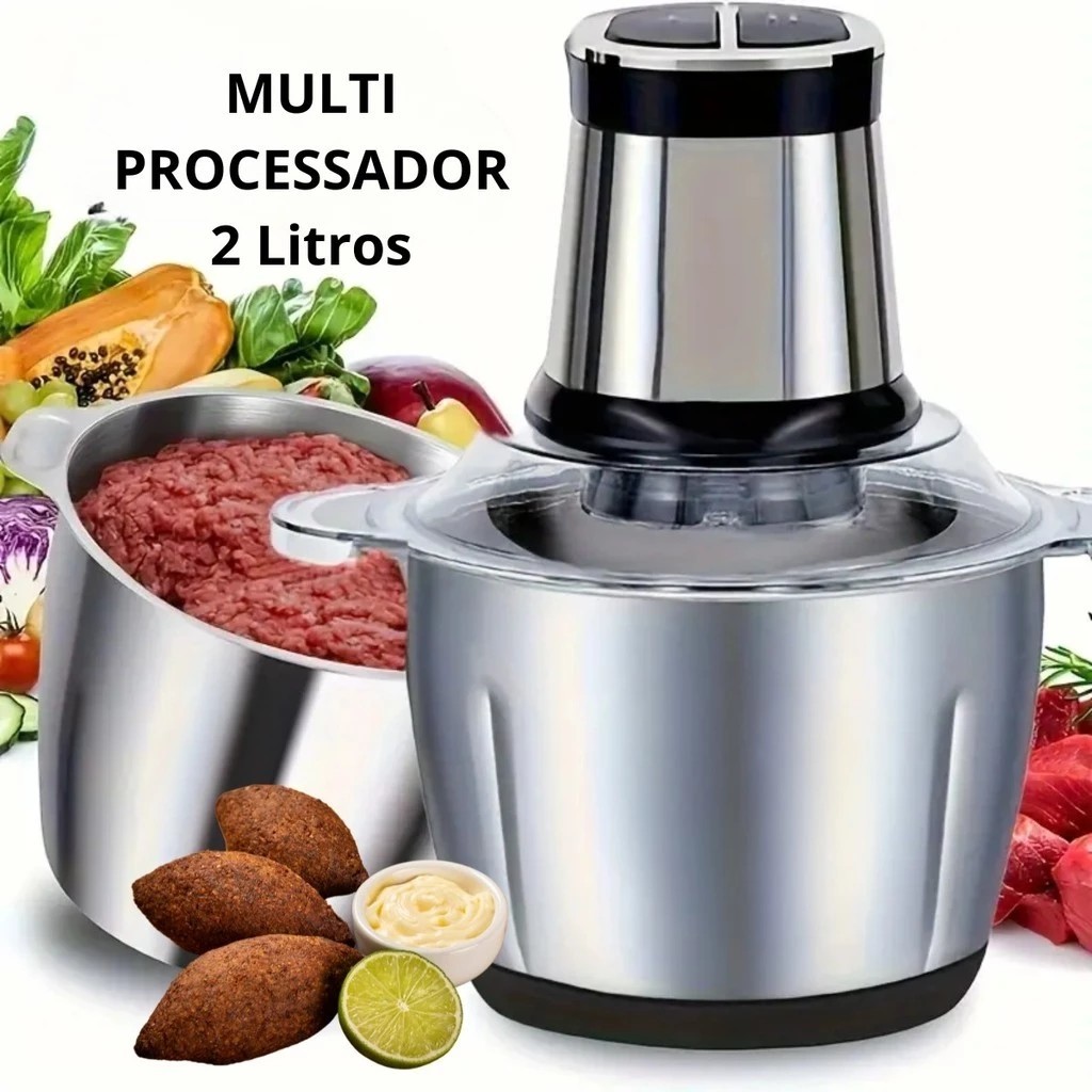 Super Mini Triturador Elétrico Profissional 2L Inox – Alta Potência p/ Carne, Legumes, Cozinha Completa