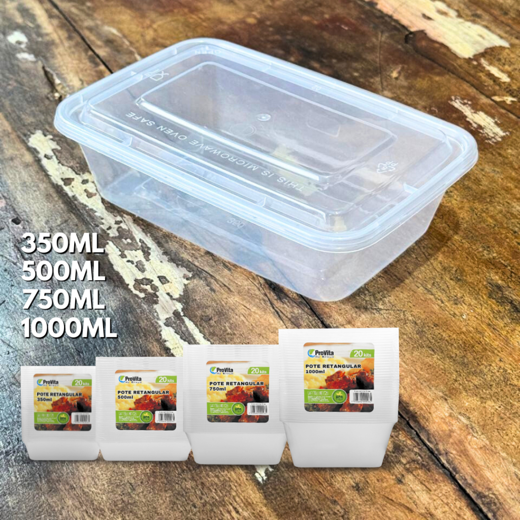 Imagem Kit 20 Pote Retangular Plástico Marmita Fit 350/500/750ml/1L Microondas Freezer - Loja Oficial