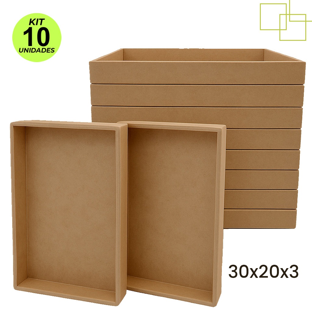 Kit 10 Bandejas em MDF Retangulares Retas Lisas Organizadoras Decorativas 30x20x3 3mm