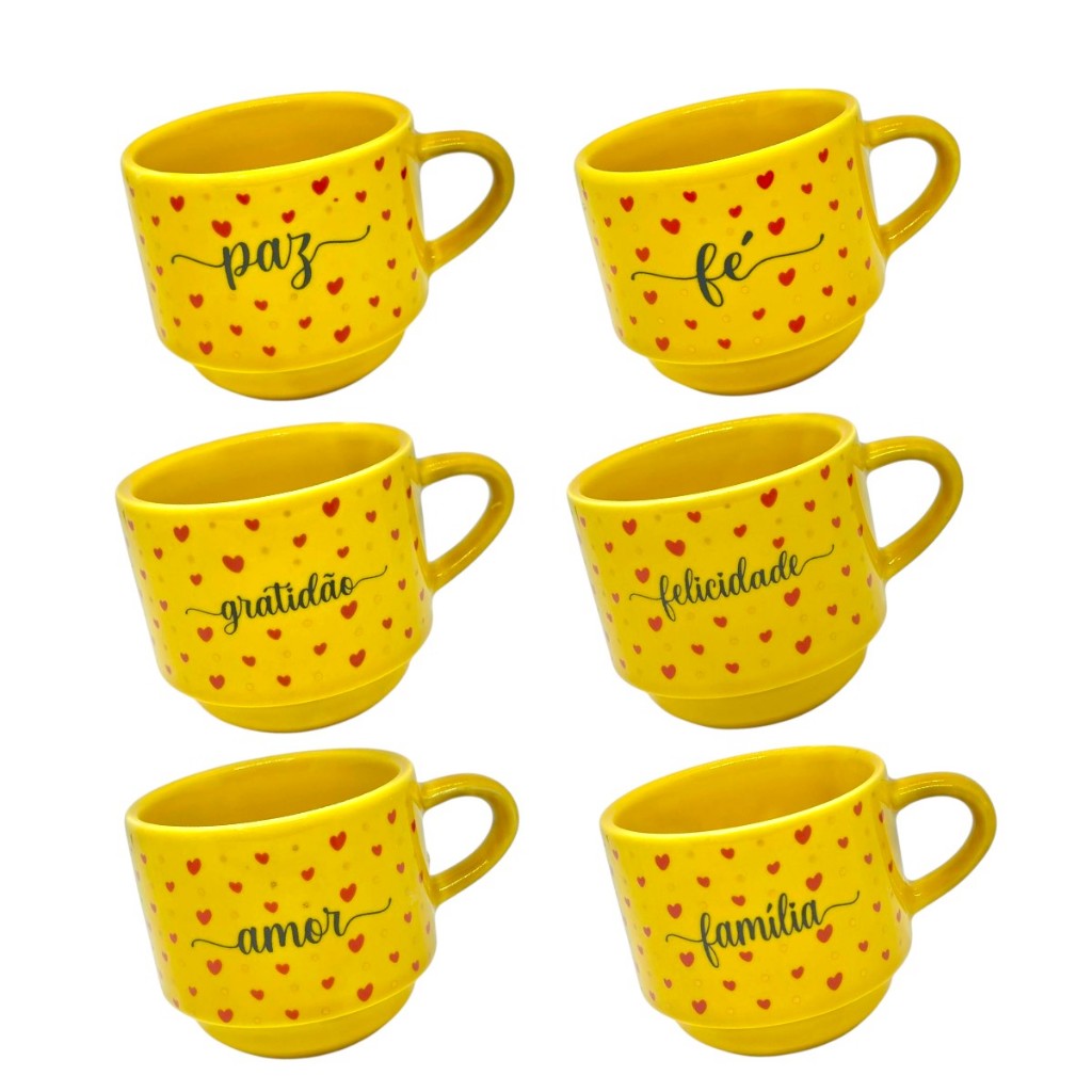 Kit 6 Xícaras de Porcelana Empilháveis Amarelas - Palavras Inspiradoras - Fé, Gratidão, Felicidade, Amor, Paz, Familia em Oferta na Shopee