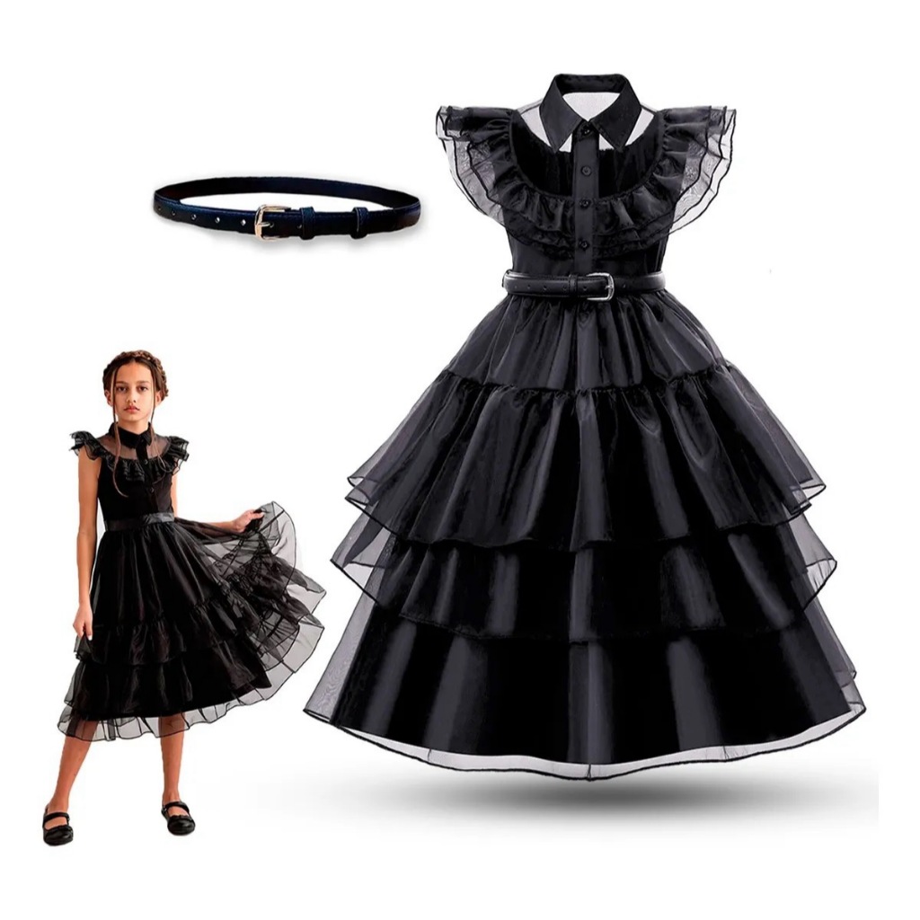 Fantasia Infantil Vestido Wandinha Addams + Cinto Luxo Cosplay Carnaval Festa Halloween Aniversario