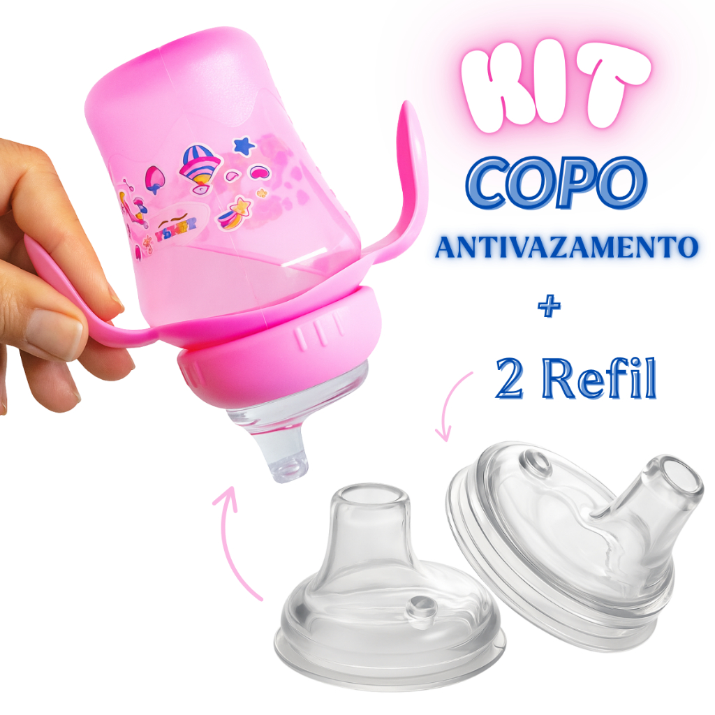 Kit Copo Antivazamento + 2 Bico Refil Reposição +Colher de Silicone Para Bebê