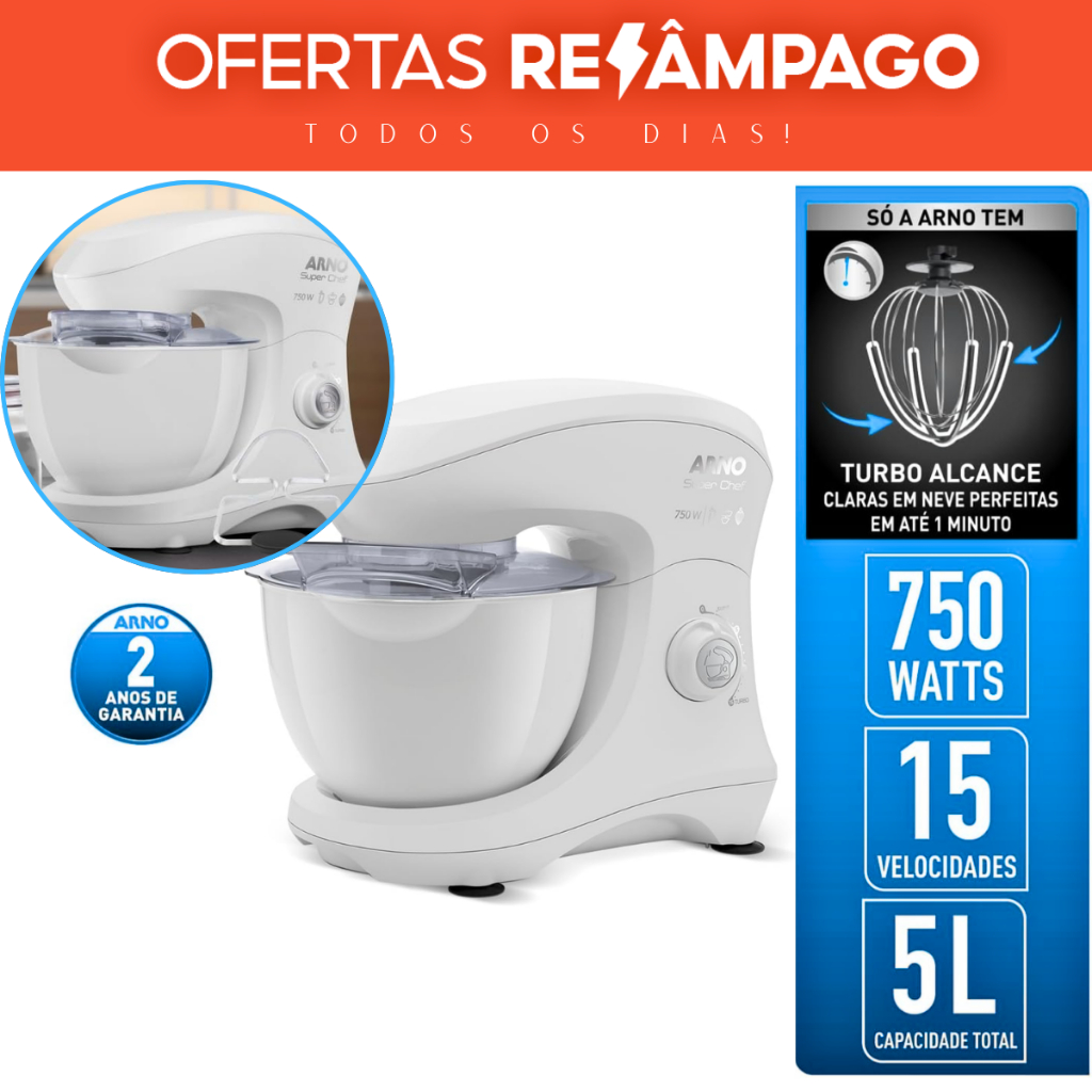 Batedeira Planetária Super Chef Arno 5L 15 velocidades 750W - Confeitaria, Massas Leves E Pesadas!