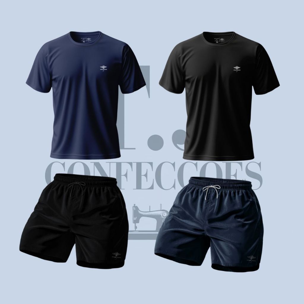 Kit 2 Camisetas Dry Fit Lisa e 2 Shorts Mauricinho Academia Verão Esporte Praia