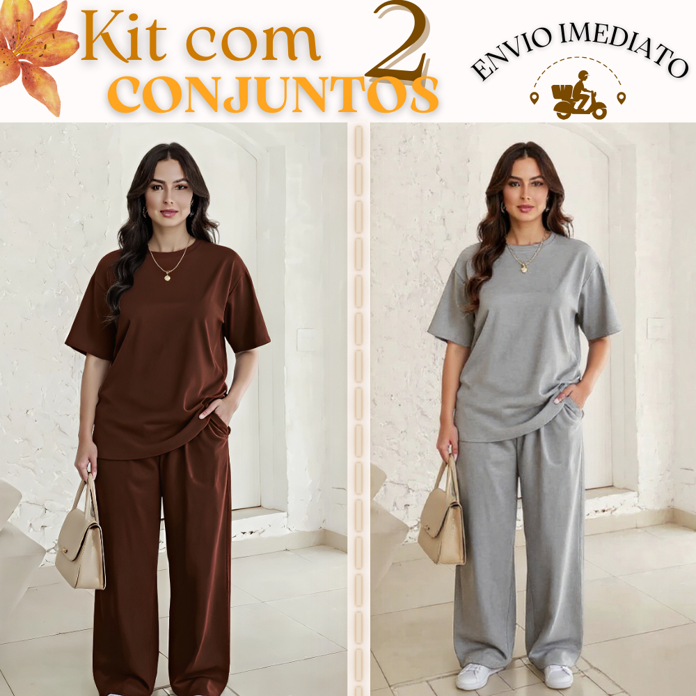 KIT COM 2 CONJUNTOS DE CALÇA MODELO PANTALONA E CAMISETA OVER FEMININA em Oferta na Shopee