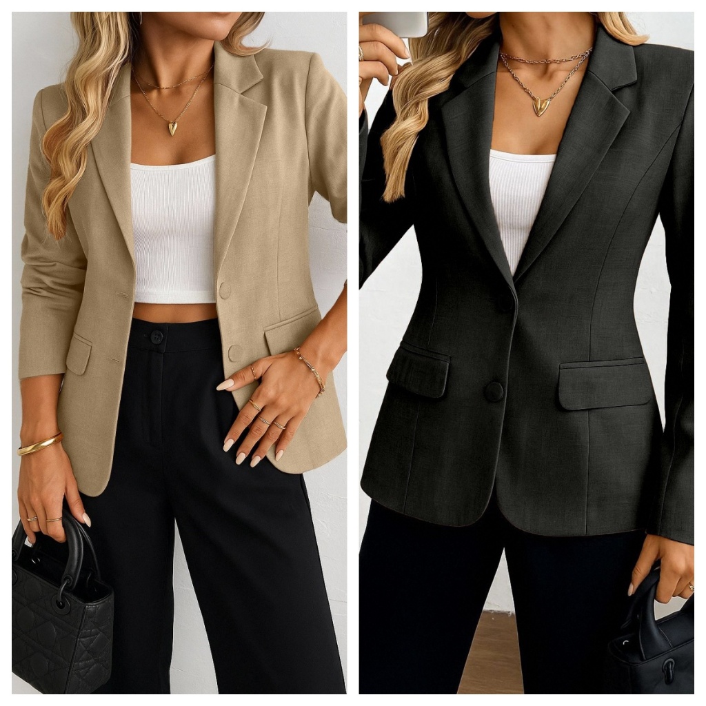 kliou Fashion Blazer feminino Estruturado com 2 botão Simples elegante  Casual Bolso falso Sem forro em Oferta na Shopee