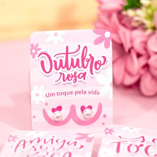 ENVIO IMEDIATO - Card com brinco de Pérola Branco - Outubro Rosa - Lembrancinha Outubro Rosa - Brinco de Pérola Branco
