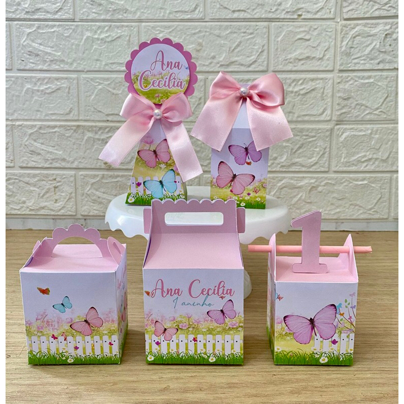 kit Festa 60 mimos Jardim Encantado Borboletas Lembrancinha Personalizadas Aniversário Caixinha Pegue e Monte