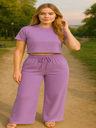 Conjunto Calça Pantalona Cós Alto + Cropped Manga Curta conjunto em moletinho leve.