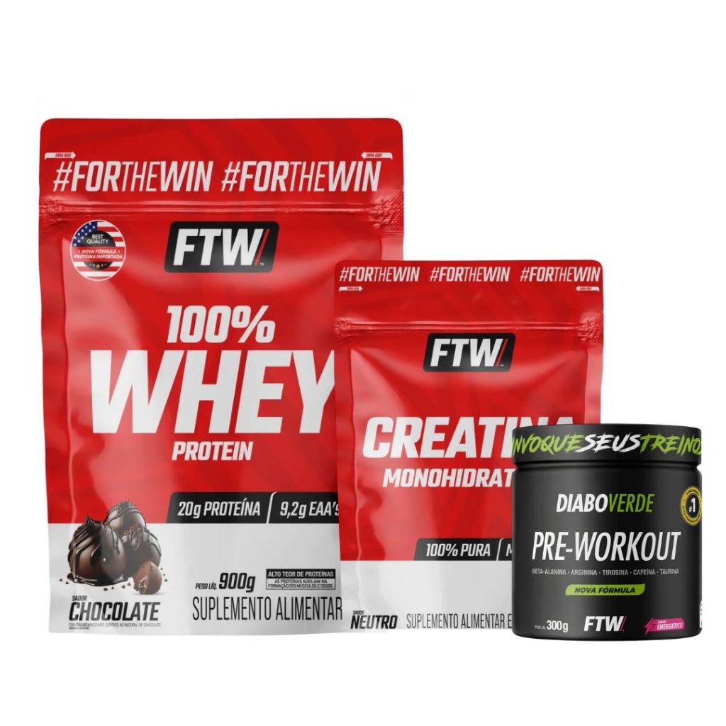 Whey Protein Chocolate Refil 900g + Creatina Monohidratada Refil 500g + Pré Treino Diabo Verde 300g em Oferta na Shopee