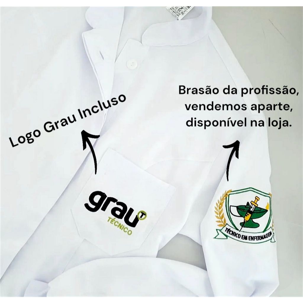 Jaleco Feminino Oxford Branco Com Bordado Grau Tecnico Botão Elástico Acinturado, Manga Longa em Oferta na Shopee