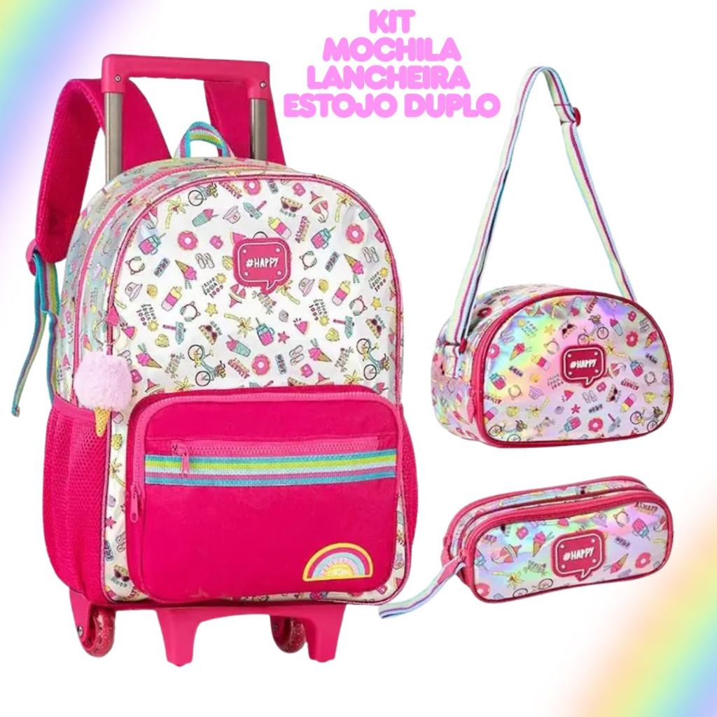 Kit Mochila de Rodinhas Lancheira Térmica e Estojo Duplo Happy Holográfica Arco-íris Sorvete Praia Escolar Clio Style