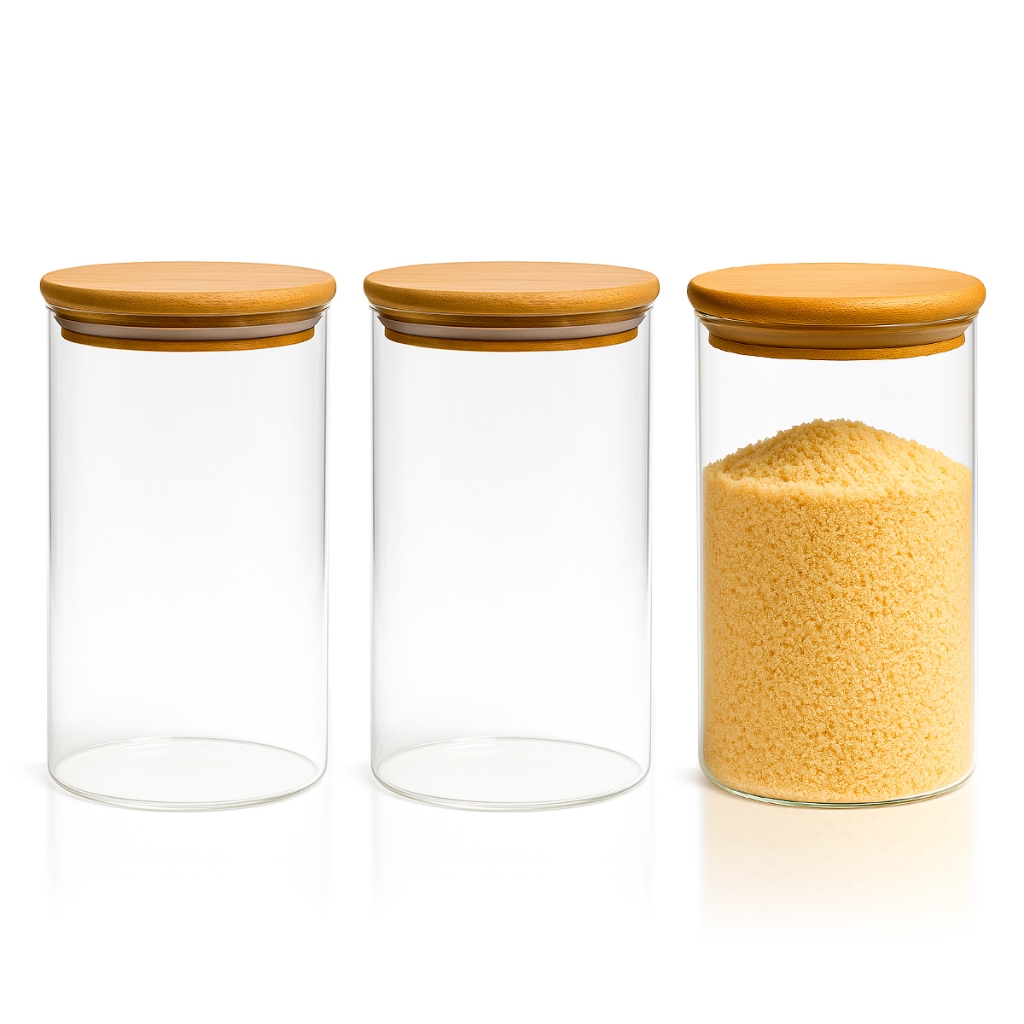 Kit 3 Potes vidro Hermético tampa Bambu cozinha multiuso 700ML mantimentos Premium transparente