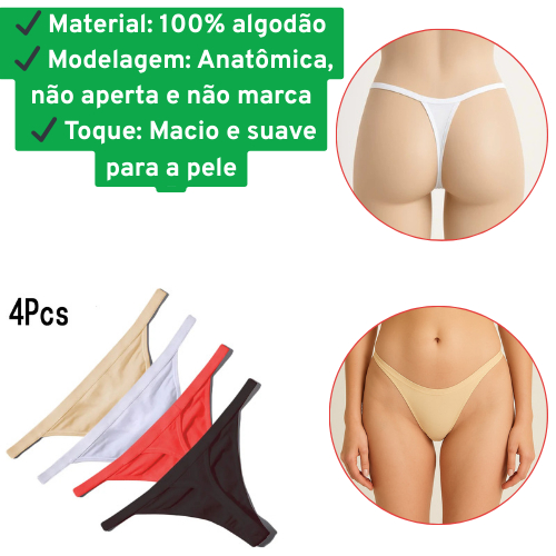 Kit c/4 Calcinhas Fio Dental 100% Algodão Premium Conforto / Cores Sortidas/ calcinha de algodão / Conforto Diário