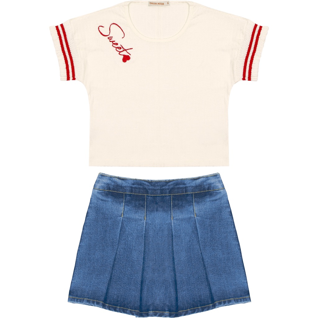 Roupa Infantil Conjunto Verão Blusa e Short Saia Jeans Menina Trick Nick