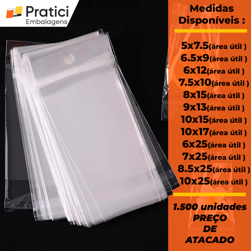 1500 Unidades Sacos Saquinhos Plásticos Adesivados Transparentes Com Furo Atacado Reforçado Pratici em Oferta na Shopee