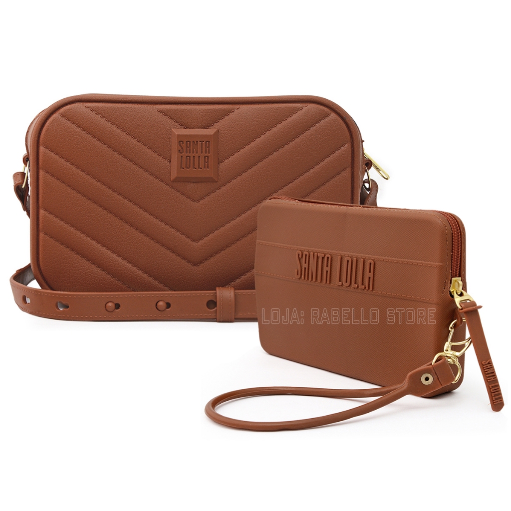 Bolsa Feminina + Carteira com Alça de Pulso Santa Lolla Emborrachada Transversal Tiracolo em Oferta na Shopee