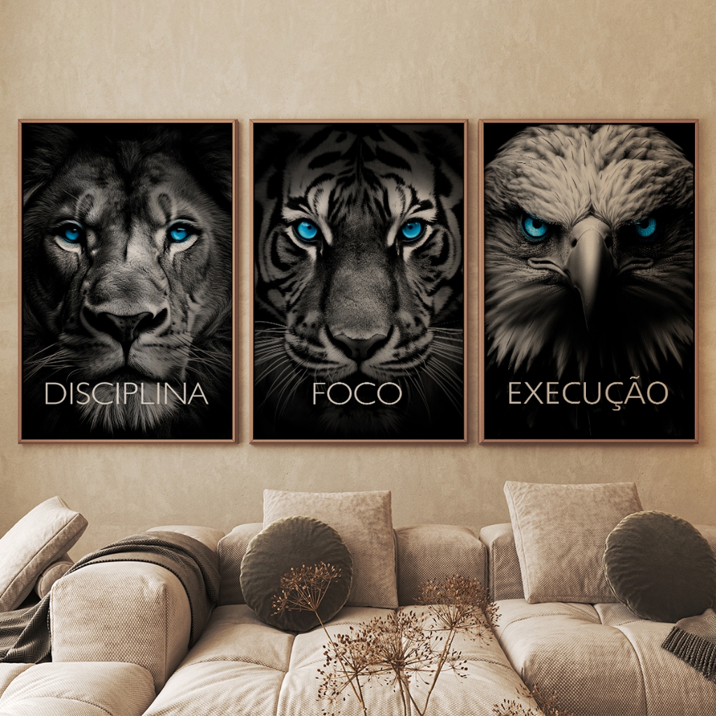 Quadro Decorativo O Poder da Disciplina Foco e Execução 3 Telas Moldura 50x75 e 60x90cm Escritório Academias