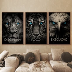 Quadro Decorativo O Poder da Disciplina Foco e Execução 3 Telas Moldura 50x75 e 60x90cm Escritório Academias