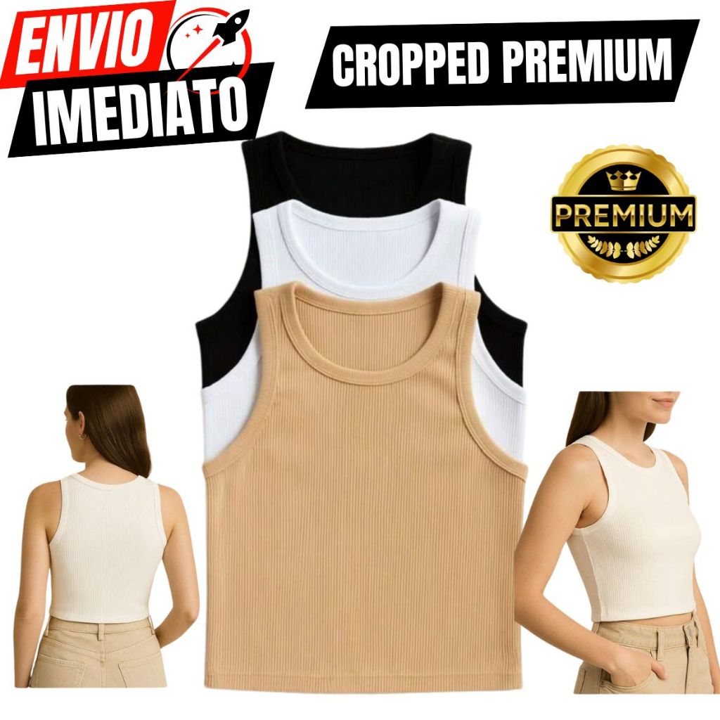 Cropped Feminino Ribana Canelada Premium Top Básico Casual Blusinha Gola Redonda