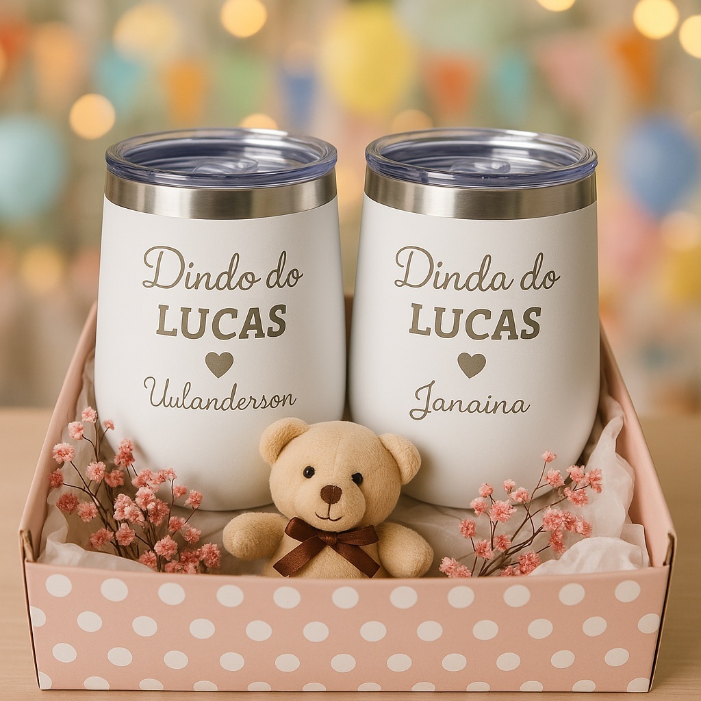 Kit 2 Copos Térmicos Inox Personalizados - Padrinho e Madrinha - Dindos - Especial Batizad...