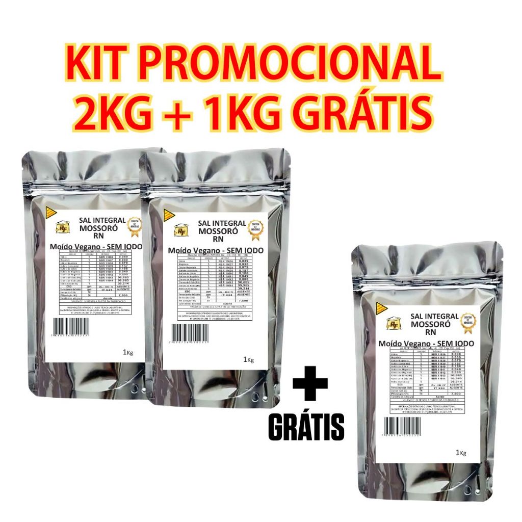 Sal Marinho Integral Vegano Sem Iodo 3 Kg (2 +1 Kg Grátis)