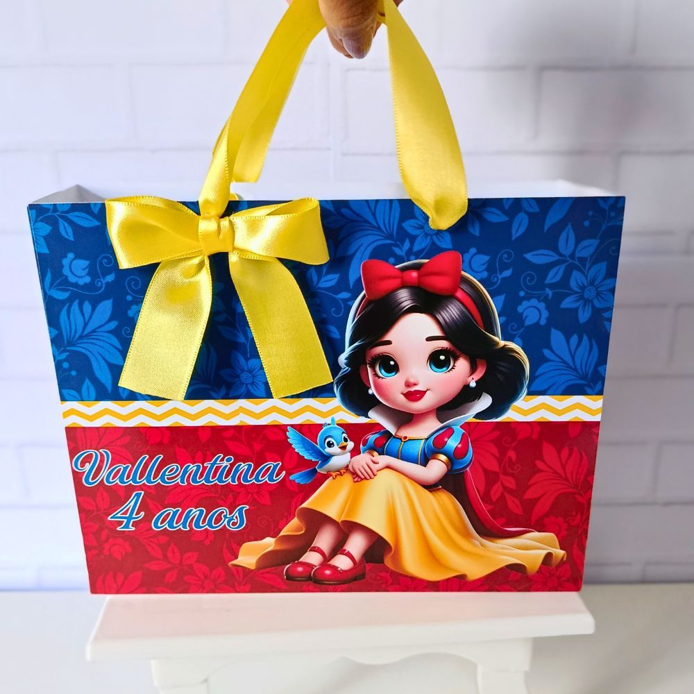 Sacola M 20x15 Personalizada Branca de Neve Cute  Lembrancinha infantil com Alça e Laço de Cetim