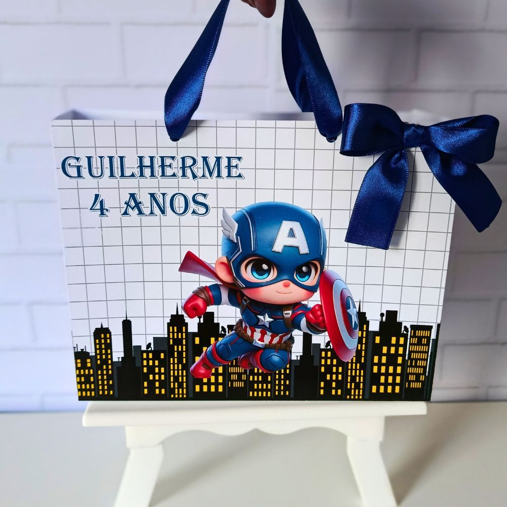 Sacola M 20x15 Personalizada Capitão América Cute Lembrancinha infantil com Alça e Laço de Cetim