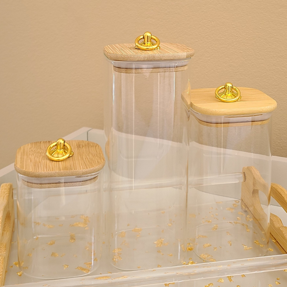 Kit de Pote de Vidro Quadrado com Tampa de Bambu Hermético com argola 3 Peças Porta Mantimentos em Oferta na Shopee