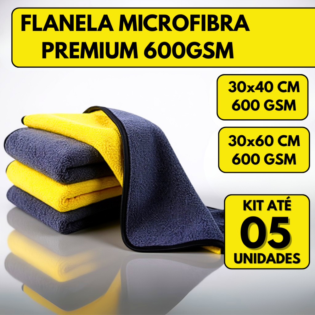 Kit 05 Pano Flanela Microfibra Automotiva 600GSM Premium Para Lavagem polimento de Carro em Oferta na Shopee