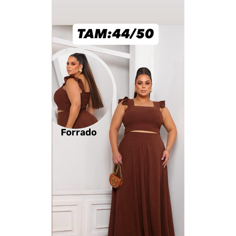 conjunto plus size moda maior saia godê longa com cropped ,saia longa  forrada moda evangelica